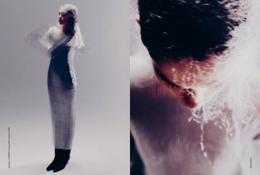 Diptyque fashion editorial featuring a model in a sheer long dress and dark boots against a seamless white backdrop.