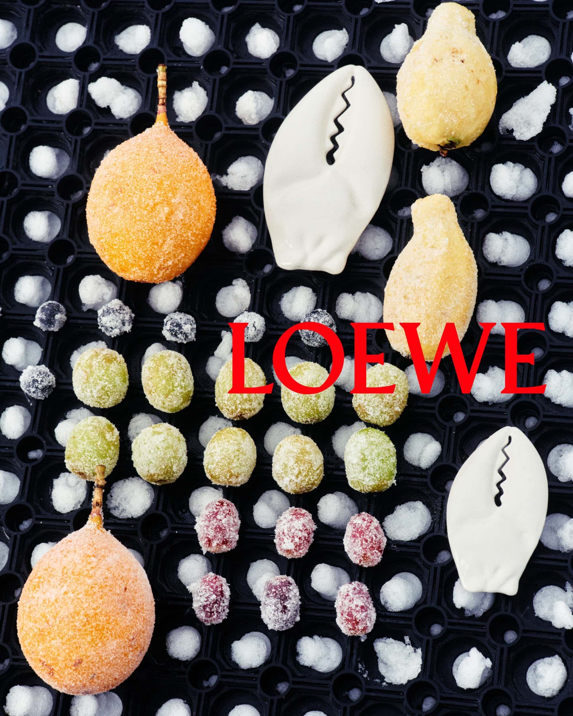 Frosted fruit and sculpted white objects arranged on a snow-filled black perforated mat with red Loewe logo text.