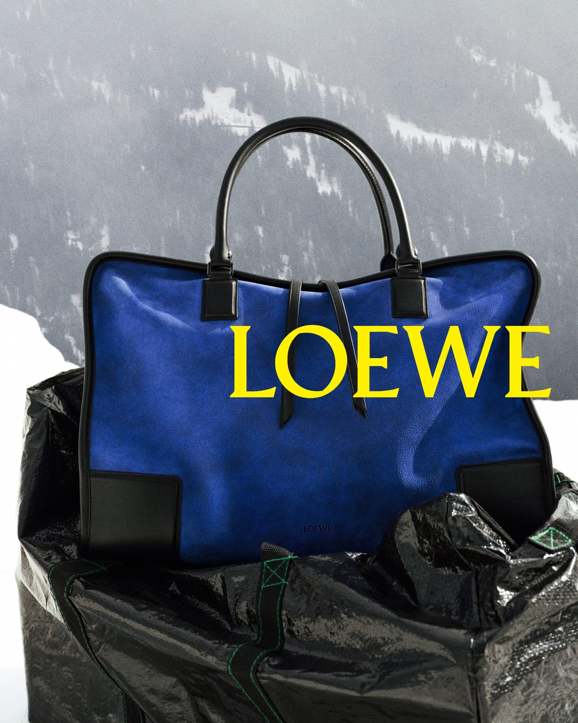Blue suede and black leather Loewe handbag sitting inside a black crinkled tote bag against a snowy mountain backdrop.