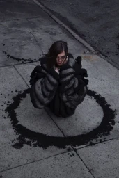 Model crouching inside a chalk circle on pavement wearing a dark quilted puffer coat for Coeval Magazine Radical Hope editorial