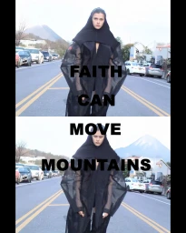 Model Sam Carter wearing a sculptural black hooded garment with sheer sleeves standing on an open road with typography overlay.