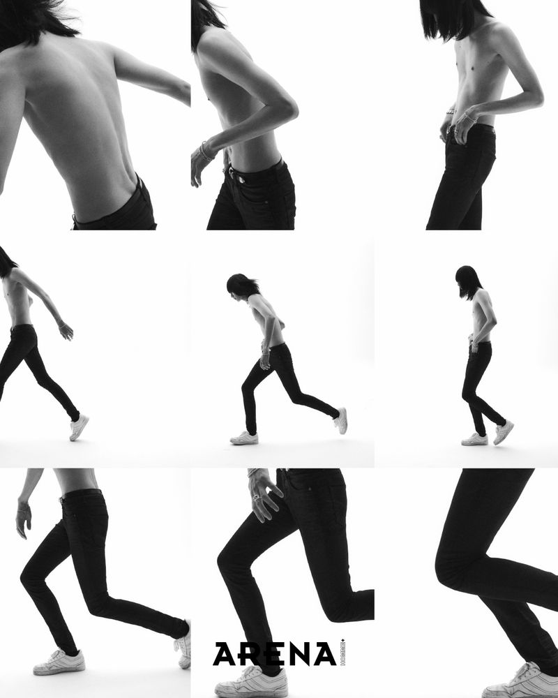 Black and white fashion shot featuring a slender, shirtless male model wearing black jeans and sneakers, shown in a grid layout.