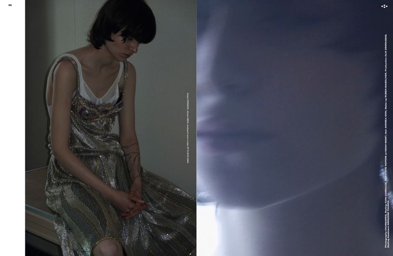Editorial spread featuring model Evie Nopere seated in a metallic dress beside a blurred close-up portrait in blue light.
