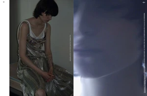 Editorial spread featuring model Evie Nopere seated in a metallic dress beside a blurred close-up portrait in blue light.
