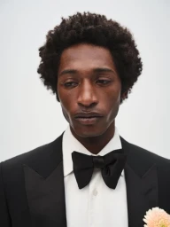 Black man wearing a tailored black tuxedo, white collared shirt, and oversized black bow tie against a plain white background.