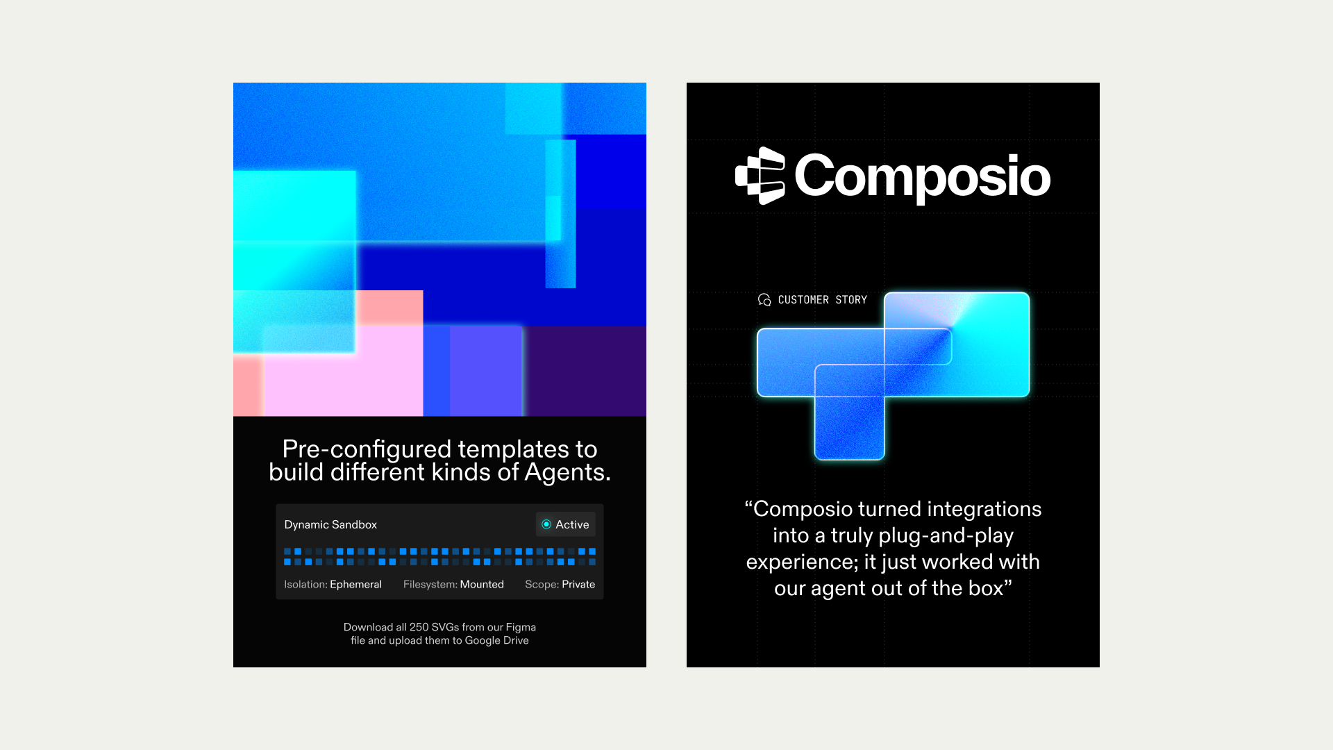 Graphic presentation featuring two dark UI cards showcasing the Composio brand identity and AI agent integration templates.