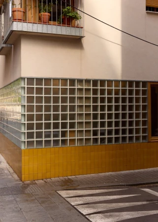 Exterior view of a building with glass block windows, yellow tile accents, and a balcony with potted plants; urban architecture.
