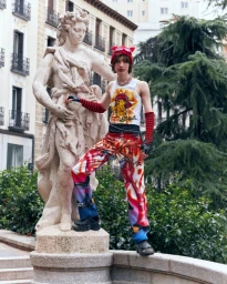Model standing outdoors next to a classical stone statue wearing a white graphic tank top, red beanie, and vibrant patterned pants