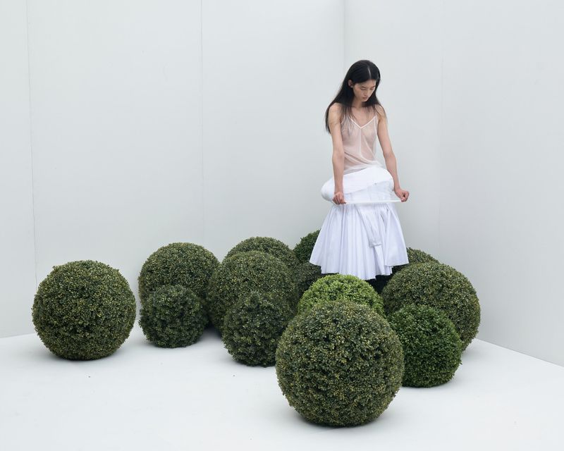 A woman with long dark hair wearing a sheer top and white pleated skirt stands amidst several round topiary boxwood bushes in a white studio.