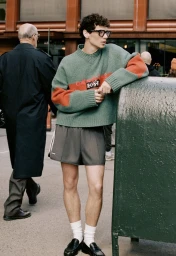 Model Tom Hughes wearing a green knit sweater, tailored shorts, white socks, and black loafers leaning on a street mailbox.
