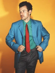 Harry Styles wearing a blue blazer, green collared shirt, red tie, and patterned trousers against a bright yellow studio backdrop.
