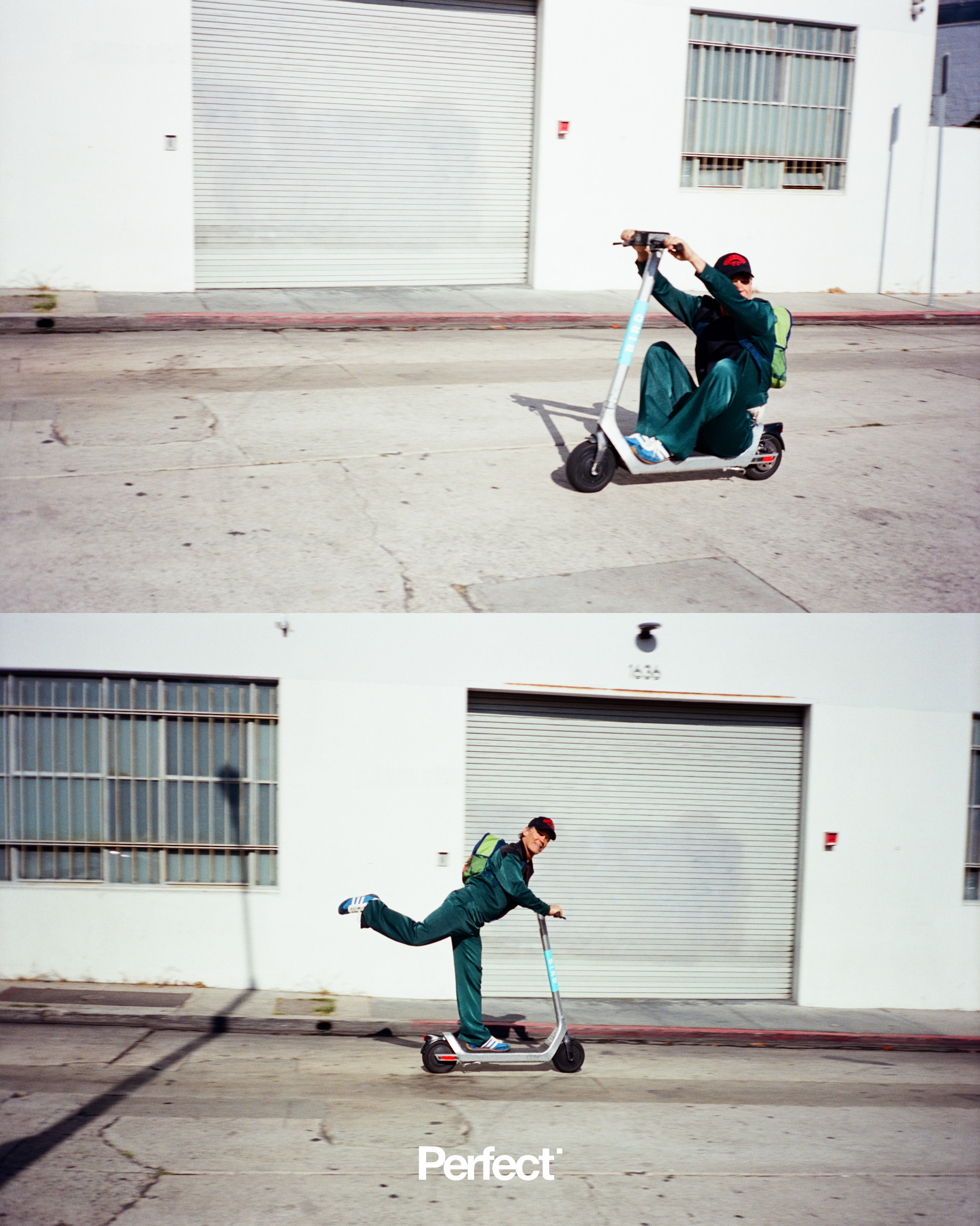 Two-panel editorial image of actor Josh Brolin posing playfully on an electric scooter along an empty urban street outside a white building.