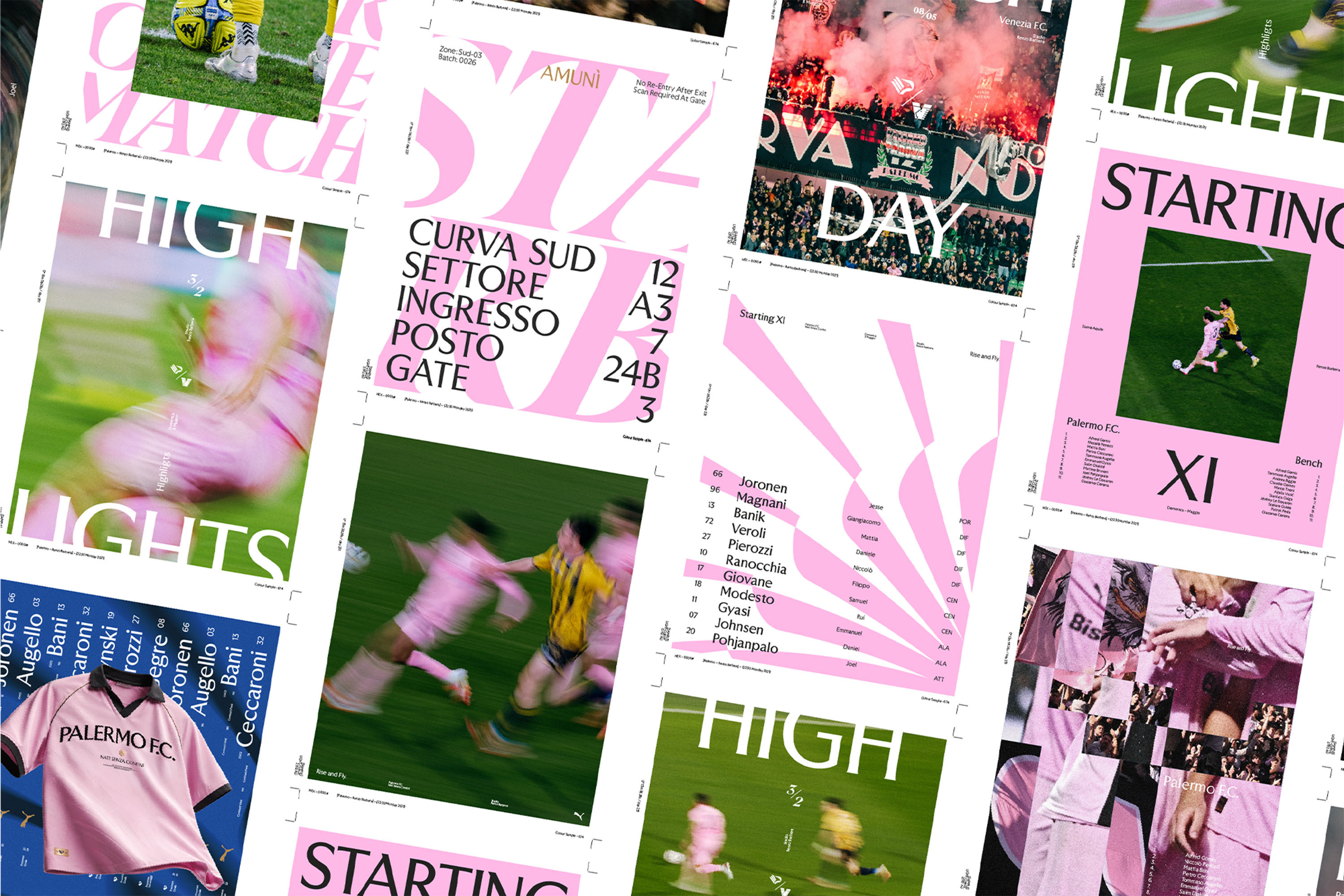 Collage of graphic posters featuring Palermo FC soccer imagery, pink and green branding, player photos, and match-day typography.