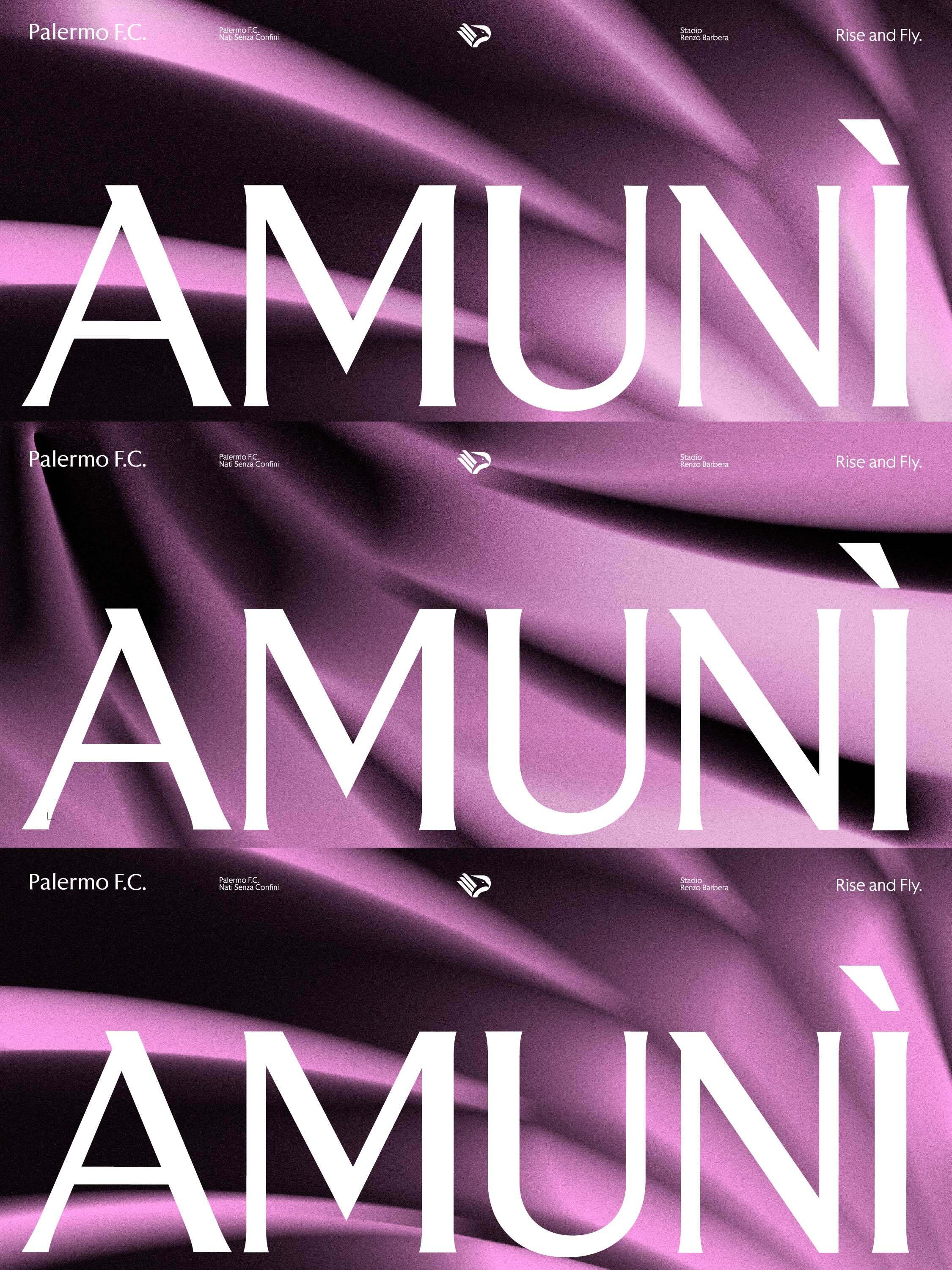 Typographic brand identity layout for Palermo FC featuring the word AMUNÌ in white serif font over abstract draped pink silk fabric.