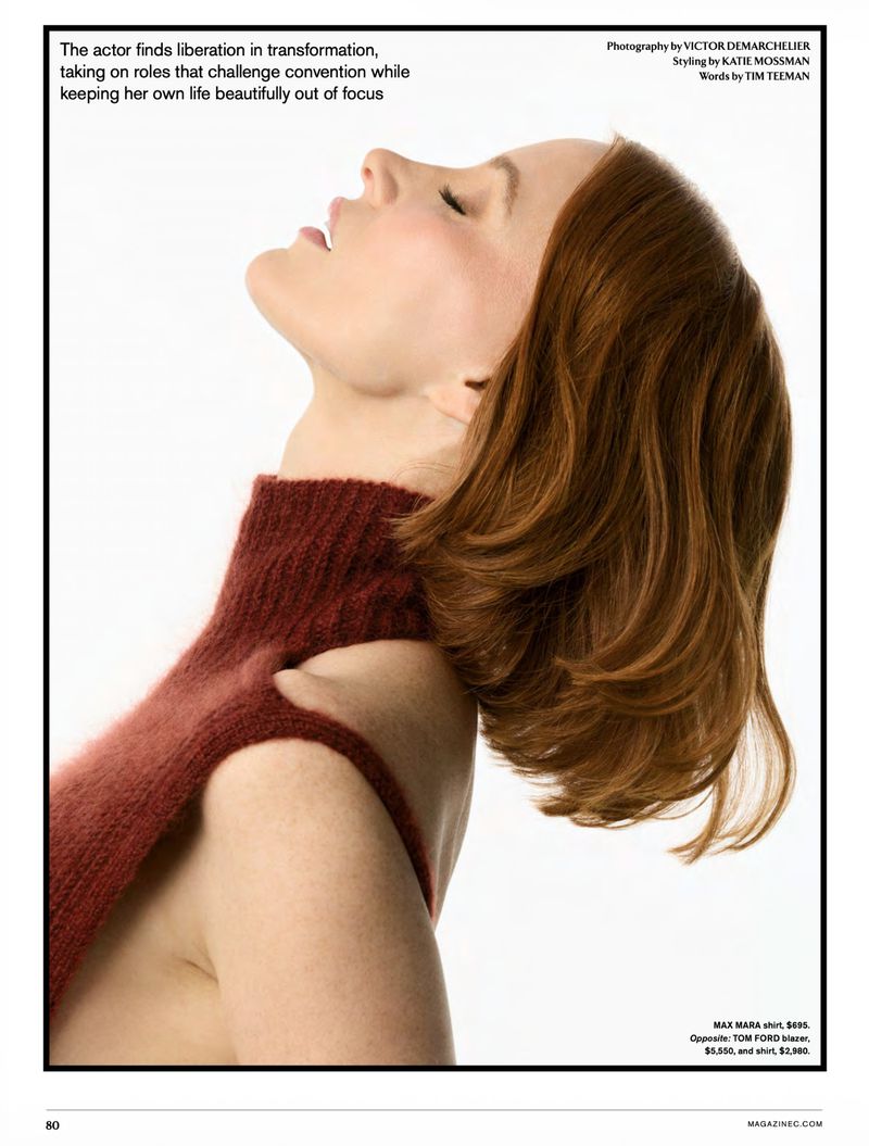Jessica Chastain photographed in profile tilting her head back wearing a rust knit top against a white studio background.