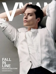 Actor Nicholas Galitzine poses with hands behind his head in a white waistcoat and shirt for the V Man cover.