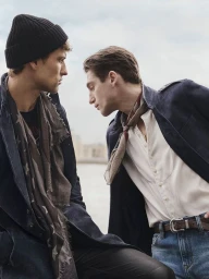 Two men in styled jackets and neck scarves posing closely in profile outdoors for John Varvatos.