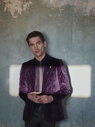 Man standing against a distressed blue wall wearing a crushed purple velvet blazer, dark dress shirt, and skinny tie.