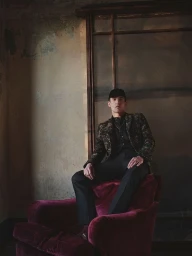 A man wearing a patterned blazer and black cap sits in a magenta velvet armchair against a weathered rustic wall.