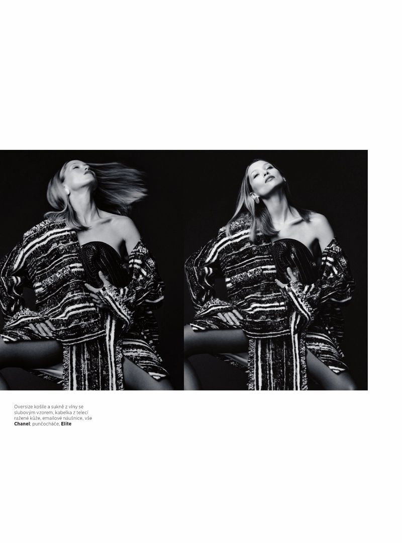 Split-view fashion editorial showing a woman with dynamic hair movement, wearing a textured striped coat over a dark top against black.
