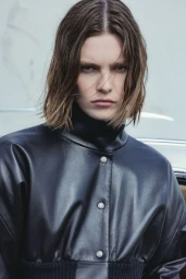 Portrait of a model with short textured hair wearing a high-collar black leather jacket with snap buttons.