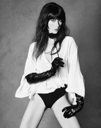 Monochrome portrait of a woman in a white blouse, black briefs, and long black leather gloves holding a dark rose choker.