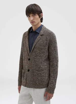 Model wearing a textured brown knit cardigan and dark shirt against a seamless white background for Agnona.