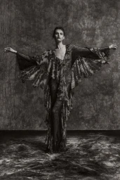 Model Angelika Baranska posing with arms outstretched in a dramatic dark ruffled gown against a textured studio backdrop.
