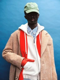 A Black man in a green baseball cap, beige herringbone coat, white hoodie, and red gloves poses before a blue backdrop.