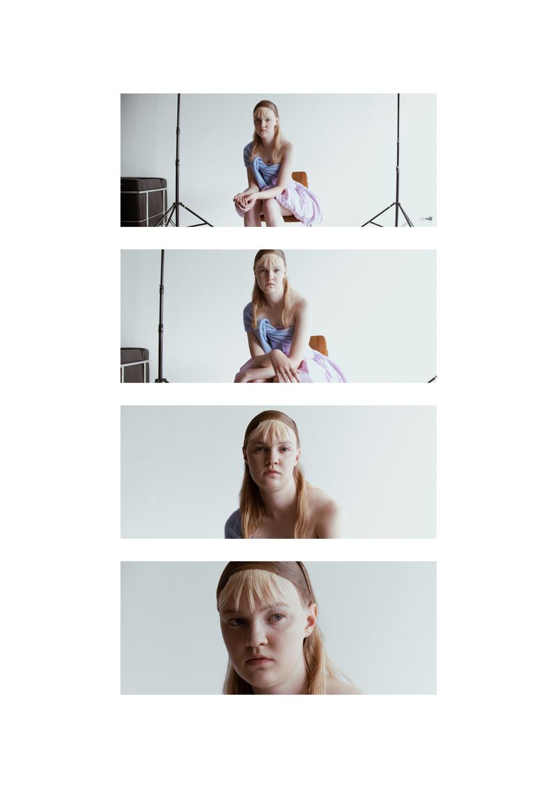 Four sequential vertical frames zooming in on a model seated in a draped dress against a white studio background.