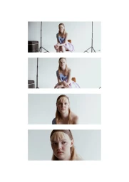 Four sequential vertical frames zooming in on a model seated in a draped dress against a white studio background.