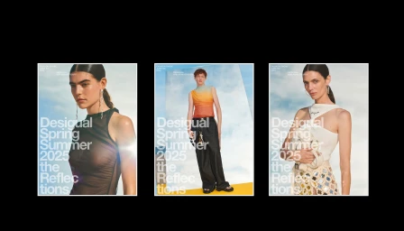 Three Desigual SS25 fashion campaign posters featuring models posing outdoors against a clear blue sky backdrop.