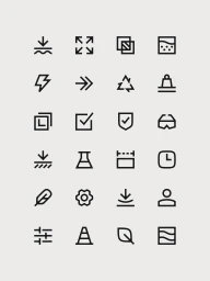 Grid of twenty-four black outline vector icons arranged symmetrically on a light grey background.
