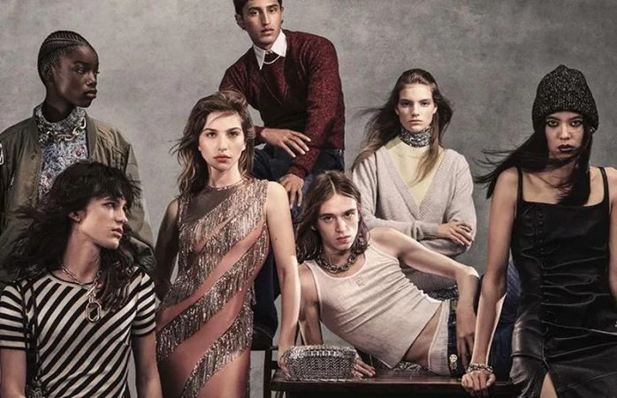 Diverse group of young adult fashion models in various poses and outfits, photographed in a studio setting with a neutral background.