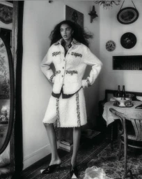 Model Noa Kaiser wearing a textured tweed jacket and skirt suit posing indoors in a vintage room setting.