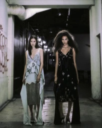 Two fashion models standing in evening dresses inside a dim industrial corridor with graffiti walls.