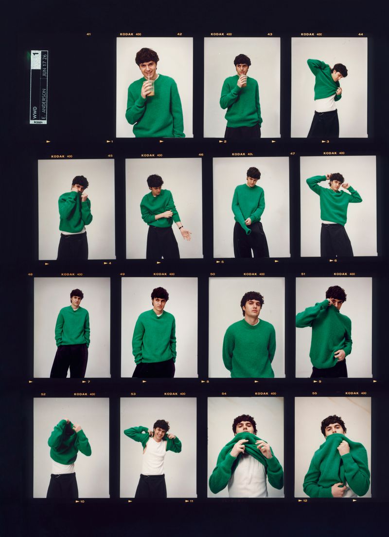 Film contact sheet of Keen Ruffalo posing playfully in an emerald green crewneck sweater against a white backdrop for WWD.