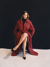 Woman seated wearing a belted red patterned coat and black high heels against a dark backdrop