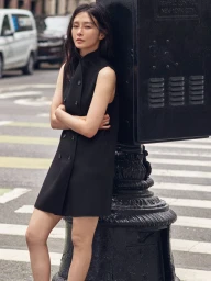 Woman in a sleeveless black double-breasted dress leaning against a dark metal street post beside a crosswalk.