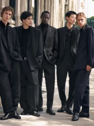 Five male models posing in tailored black suits and dress shoes on a city sidewalk for the COS Fall 2026 Ad Campaign.