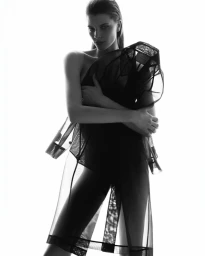 Model Mirthe Dijk poses holding a translucent black garment against a bright white studio backdrop in black and white.