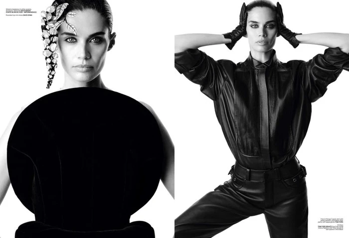 Model Sara Sampaio in black leather posing for V Magazine Force of Nature editorial with black and white high-contrast lighting.