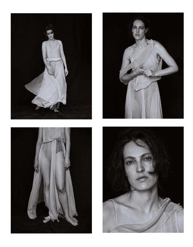 Monochrome fashion shot with a woman in a flowing gown, captured in four panels showing a full-length view, medium shot, and close-up.