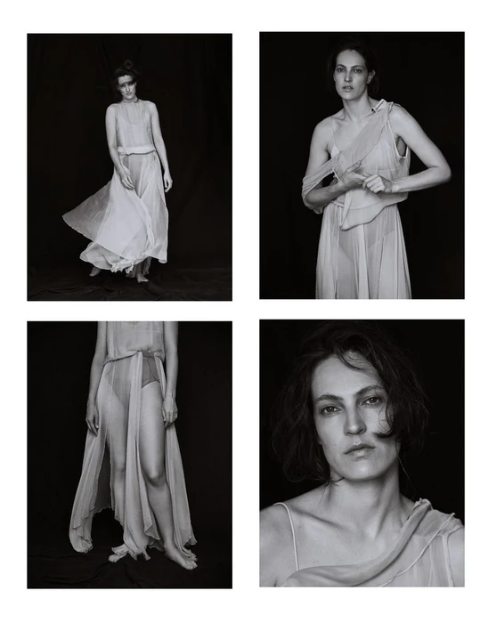 Model Othilia Simon in a sheer layered gown across four black and white portrait panels for Numero Netherlands editorial photography.