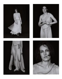 Model Othilia Simon in a sheer layered gown across four black and white portrait panels for Numero Netherlands editorial photography.