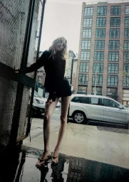 Felice Nova Noordhoff wearing a black blazer dress and heeled sandals on a wet urban street for Mango.