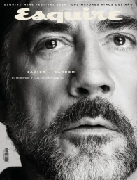 Black and white close up portrait of actor Javier Bardem with a beard on the cover of Esquire Spain magazine.