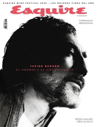 Esquire magazine cover featuring a black-and-white profile portrait of actor Javier Bardem against a white background.