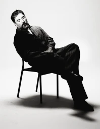 Black and white portrait of actor Javier Bardem seated in a chair with eyes closed against a stark white studio backdrop.