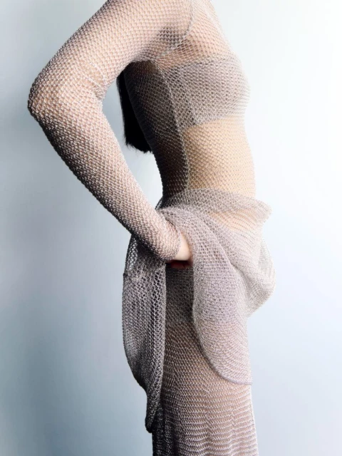 Side view of an adult female wearing a sheer, patterned dress with long sleeves against a light background in a studio setting.